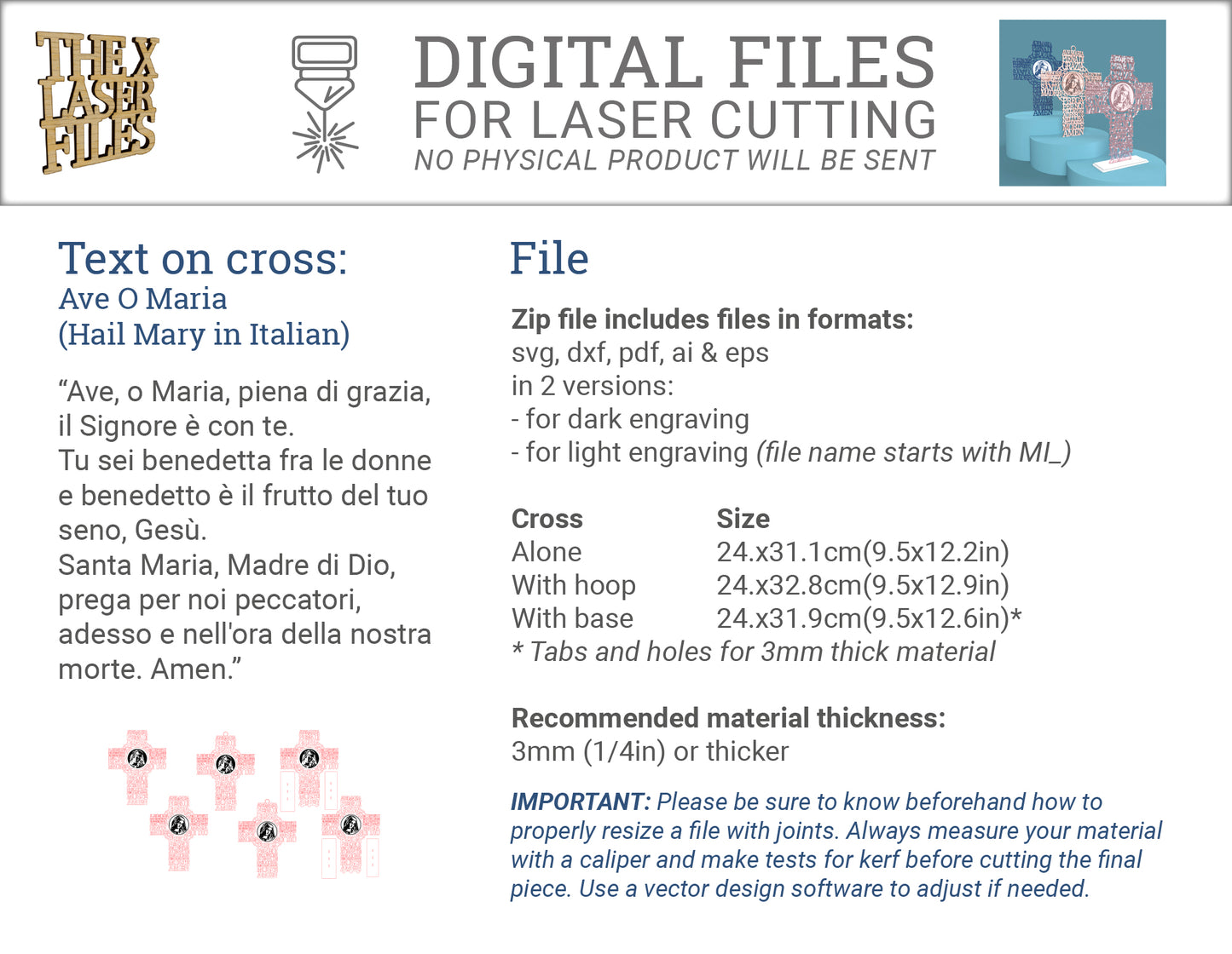 Italian Hail Mary Prayer Picture Cross (Ave O Maria Croce) -Laser Cut File - The X Laser Files