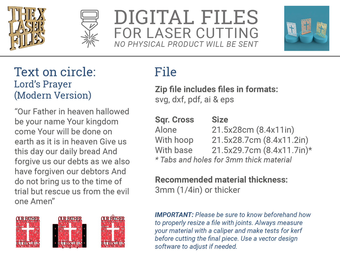 Lord's Prayer (Our Father) Square with Cross Modern Version -Laser Cut File - The X Laser Files