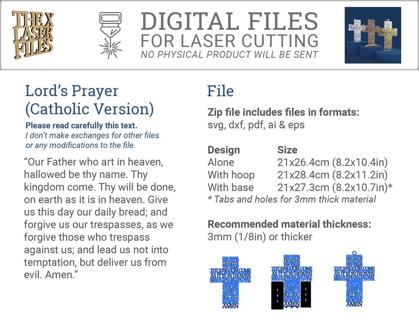 Lord's Prayer (Our Father) Cross Traditional Version -Laser Cut File - The X Laser Files