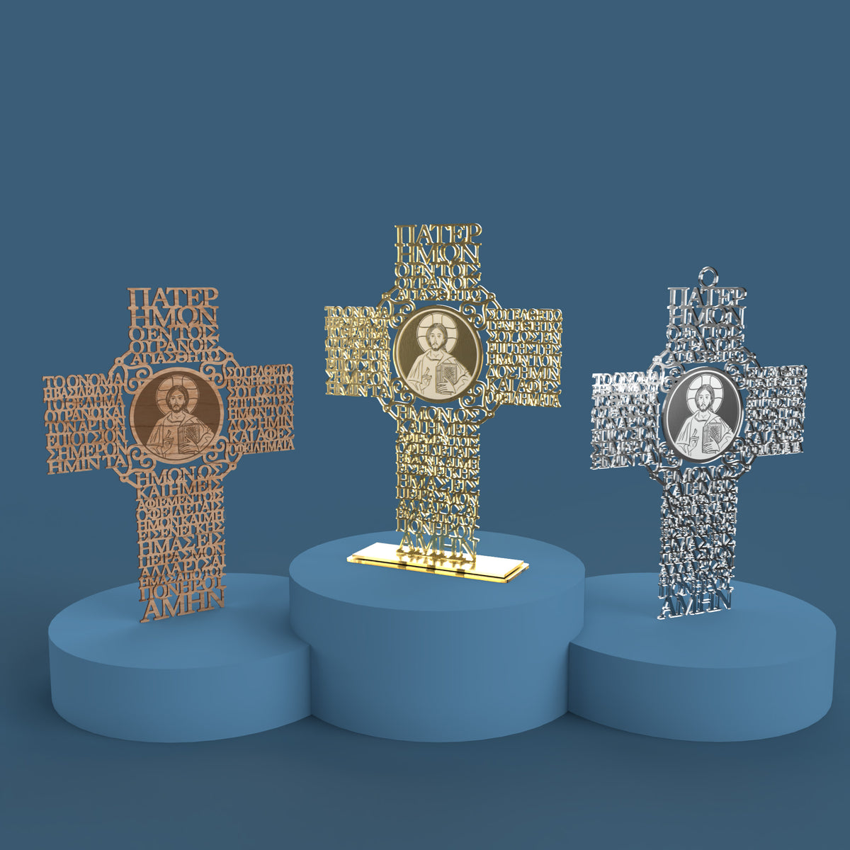 Greek Lord's Prayer Cross with Picture