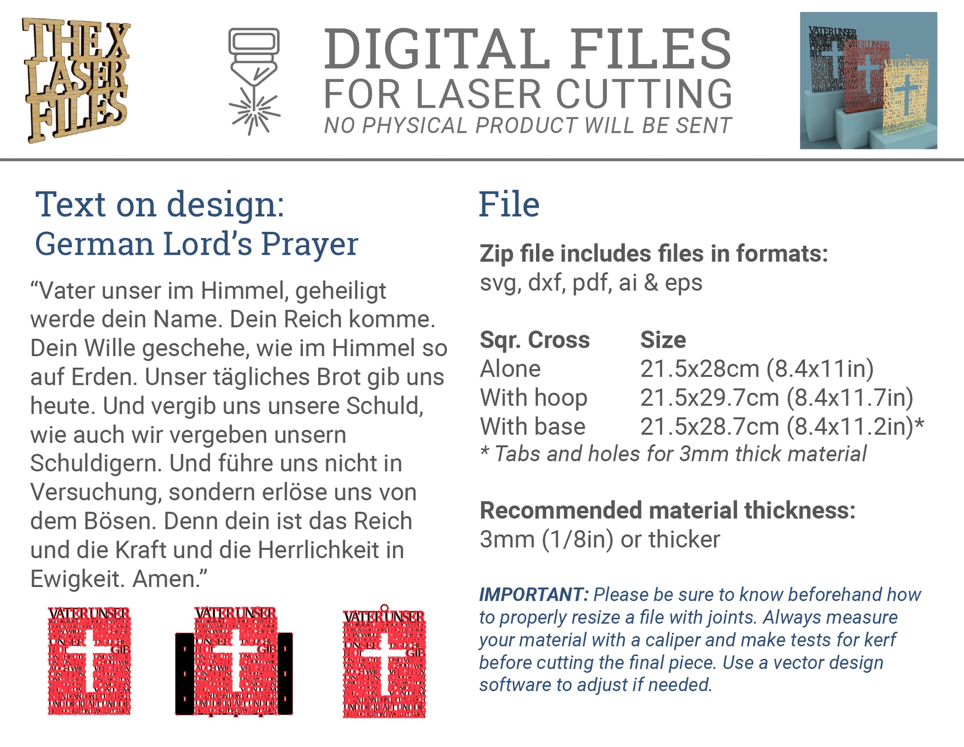 Square with Cross German Lord's Prayer (Vater Unser Kreuz) - Laser cut vector file