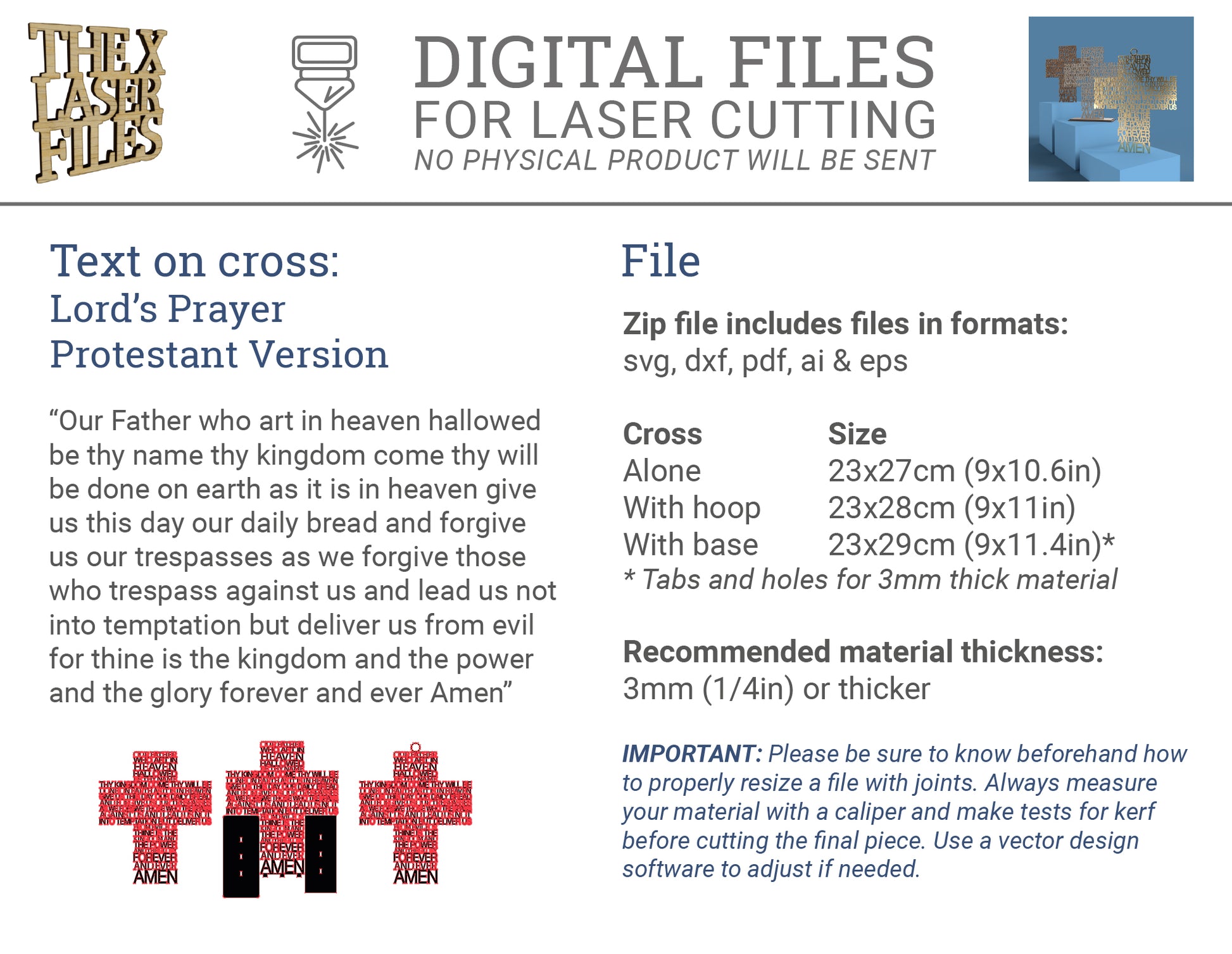 Lord's Prayer (Our Father) Cross Extended Version -Laser Cut File - The X Laser Files