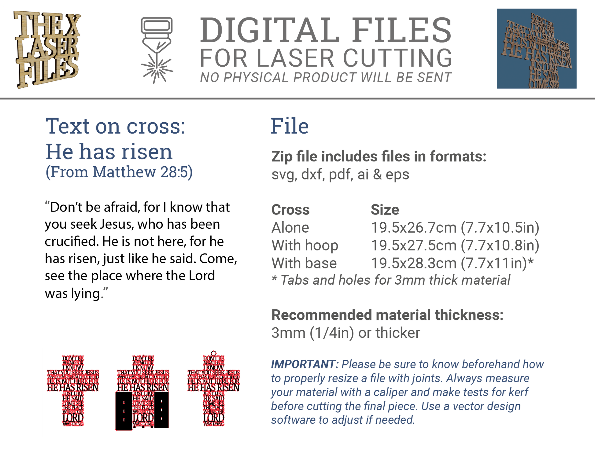 He has Risen (Matthew 28:5) Cross -Laser Cut File - The X Laser Files