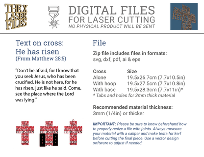 He has Risen (Matthew 28:5) Cross -Laser Cut File - The X Laser Files