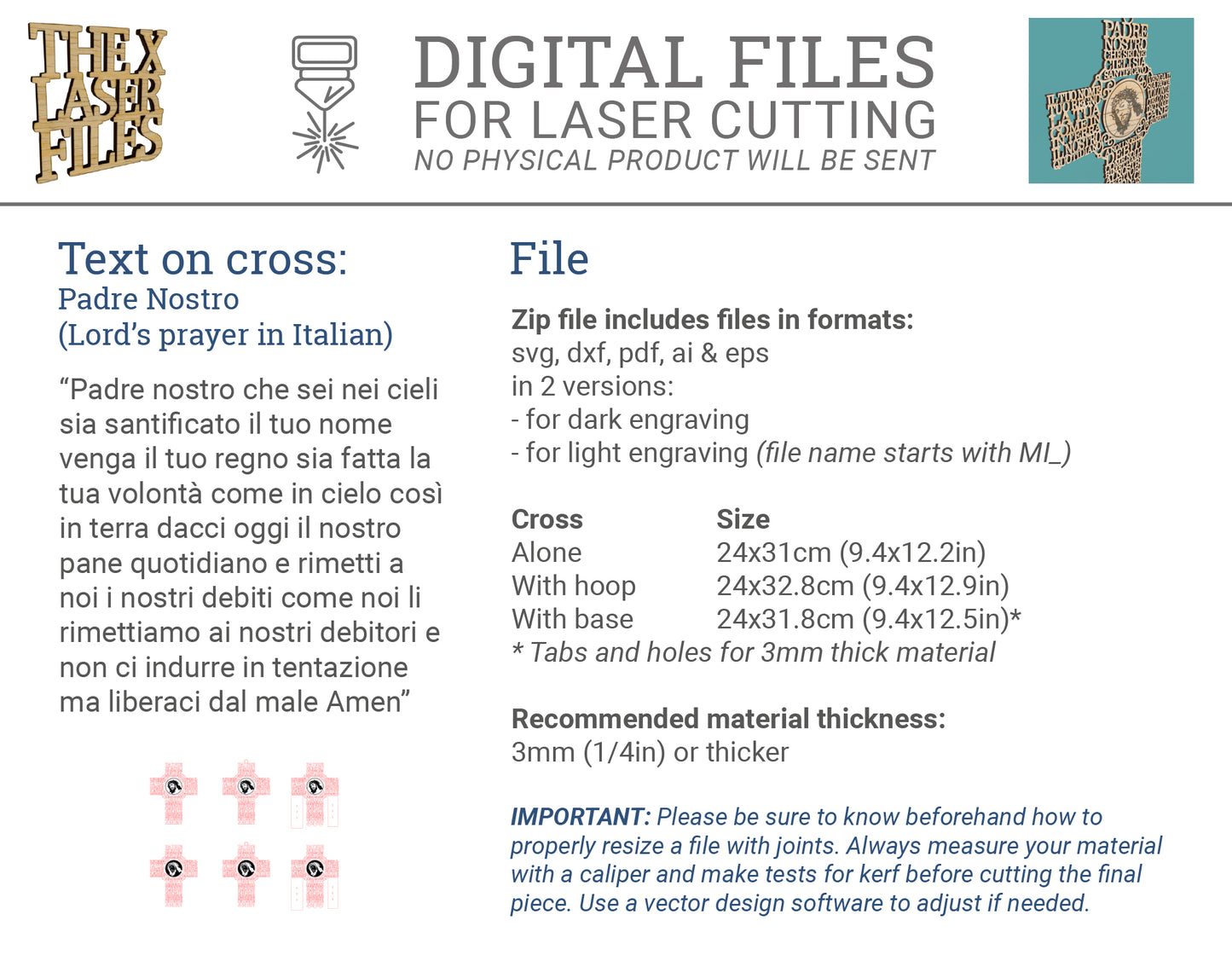 Italian Lord's Prayer Picture Cross (Padre Nostro Croce) -Laser Cut File - The X Laser Files