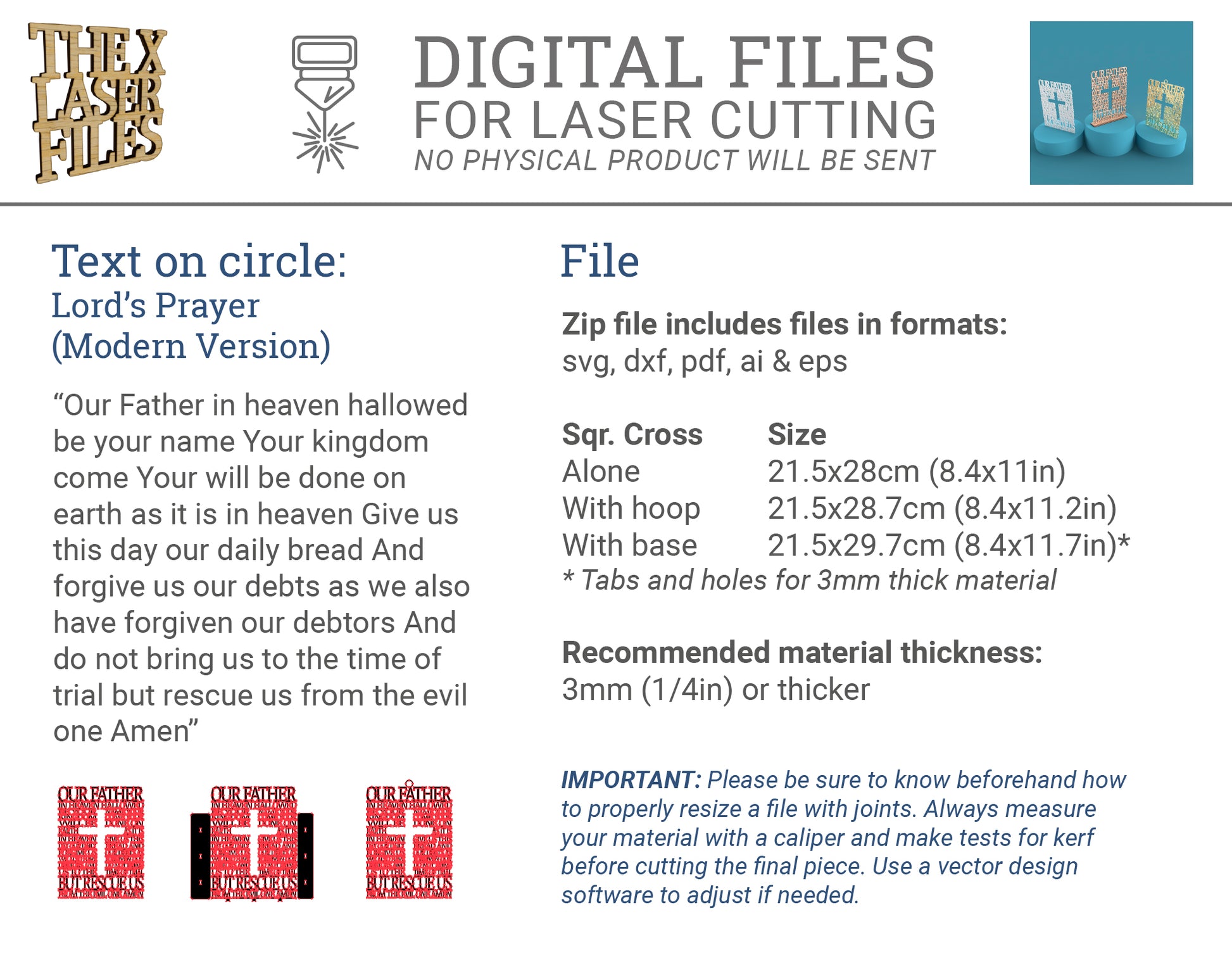 Modern Lord's Prayer Square with Cross - Laser cut vector file