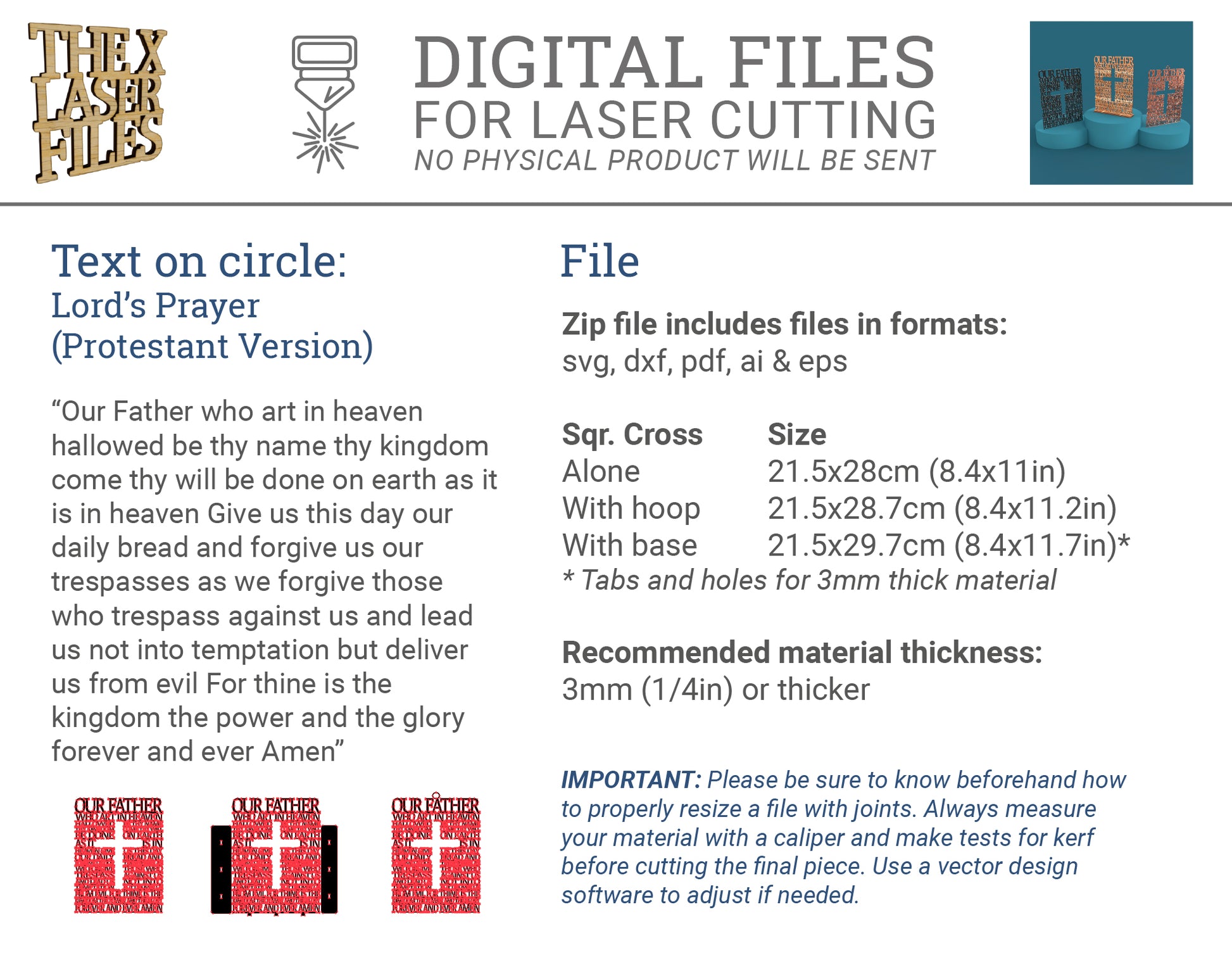 Lord's Prayer (Our Father) Square with Cross Extended Version -Laser Cut File - The X Laser Files